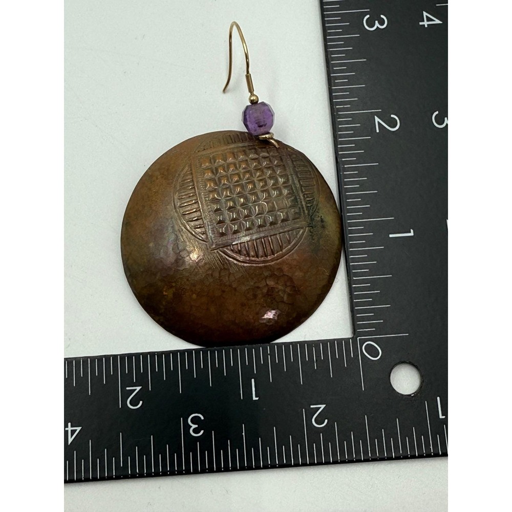 Handmade Hammered Copper Disc Earrings Amethyst Bead Geometric Boho Statement - Picture 6 of 6